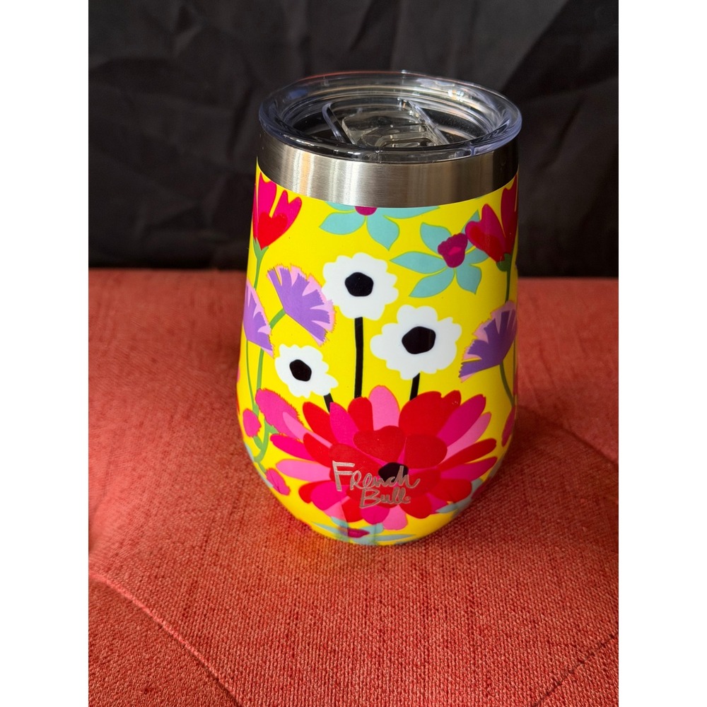 French Bull Floral Insulated Stainless Steel Wine Tumbler Yellow Pink Travel Cup